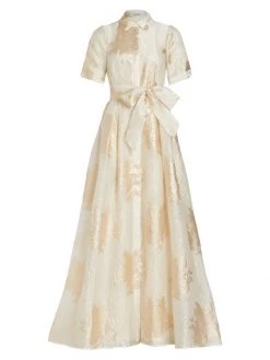 Teri Jon By Rickie Freeman Brocade Organza Tie Waist Gown