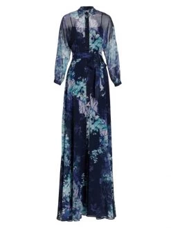 Teri Jon By Rickie Freeman Belted Floral-Print Chiffon Gown