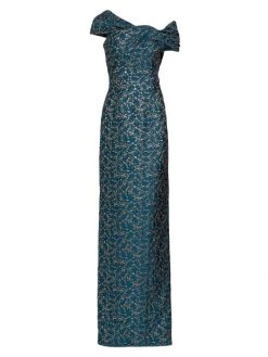 Teri Jon By Rickie Freeman Asymmetric Twist Jacquard Gown