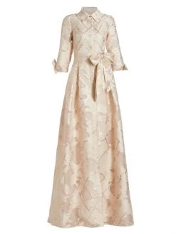 Teri Jon By Rickie Freeman Metallic Abstract Pattern Jacquard Shirt Gown