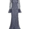 Teri Jon By Rickie Freeman Metallic Flared-Sleeve Gown