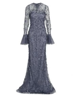 Teri Jon By Rickie Freeman Metallic Flared-Sleeve Gown