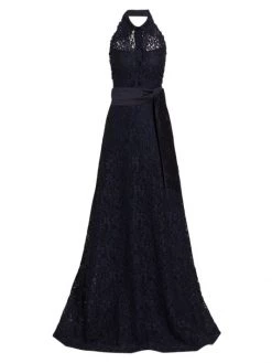 Teri Jon By Rickie Freeman Floral Lace Collared A-Line Gown