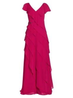 Teri Jon By Rickie Freeman Diagonally-Layered Georgette Gown