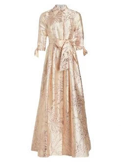Teri Jon By Rickie Freeman Belted Metallic Jacquard Gown